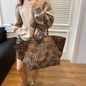 Vintage Leopard Print Women's Handbag Fashion Large Capacity Leopard Print Canvas Bag Underarm Bag Large Shopping Bag Women' Bag
