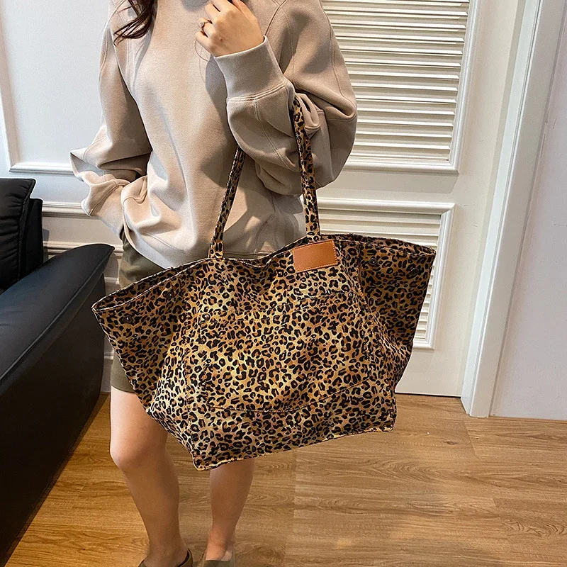 Vintage Leopard Print Women's Handbag Fashion Large Capacity Leopard Print Canvas Bag Underarm Bag Large Shopping Bag Women' Bag
