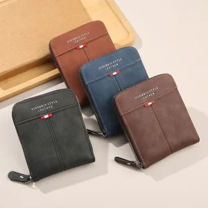 2025 new men's wallet short horizontal zipper three fold zero wallet retro casual buckle square bag