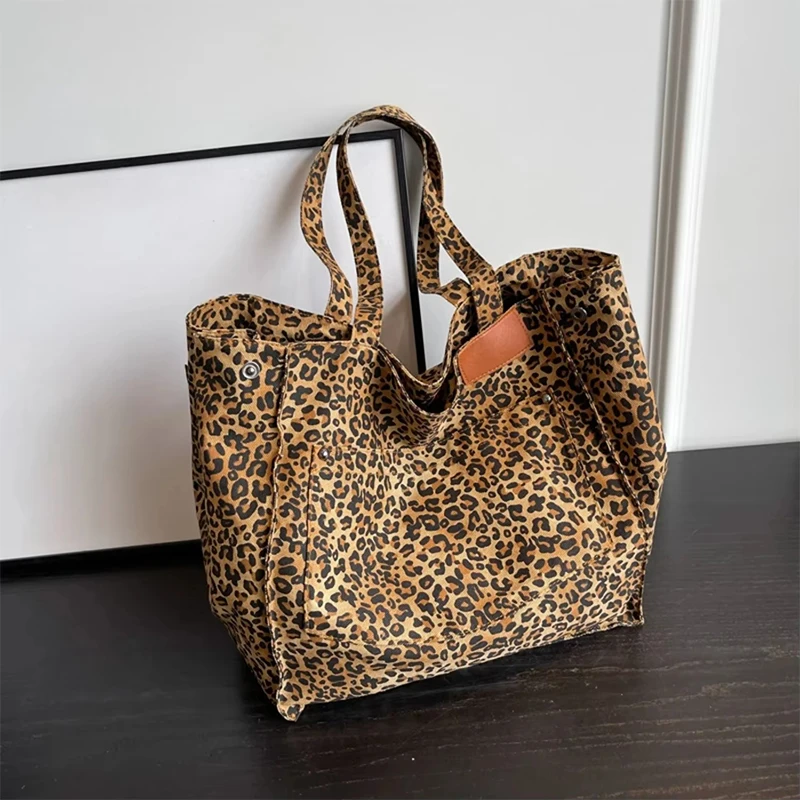 Vintage Leopard Print Women's Handbag Fashion Large Capacity Leopard Print Canvas Bag Underarm Bag Large Shopping Bag Women' Bag - Image 5